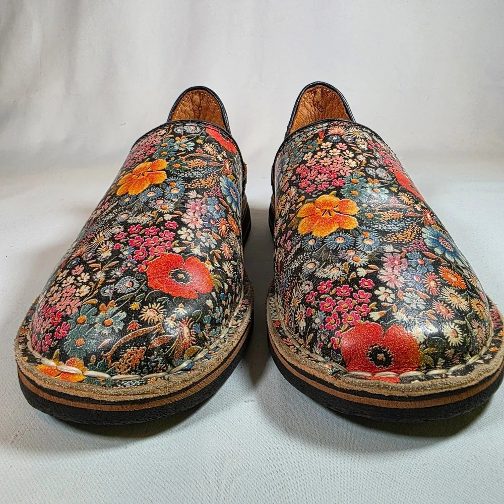 Floral Leather Huaraches Multicolor Womens 9 Slip On Loafers Boho Cottagecore